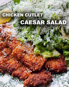 This chicken cutlet caesar #salad is worth making a weekly appearance in your household! Ingredients: DRESSING: 2 Cloves of Garlic (or 1 if really big but these were small) 2 Tbsp of Mayo 2 tsp of Dijon Mustard 1 tsp of Anchovy Paste Few Dashes of Worcestershire Sauce Juice of 1/2 Lemon Small Splash of Red Wine Vinegar 1/4 cup of Olive Oil Salt to taste 1/2 cup of parm plus more (I just cut chunks and added it in) CUTLETS: 6 Thinly Sliced Chicken Breast 1/2 cup of Panko 1/2 cup Plain Breadcrumbs
