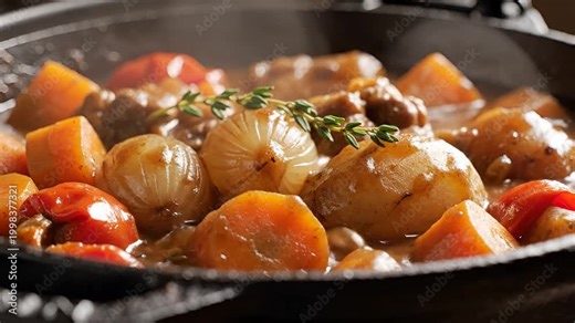 Hearty Beef Stew with Root Vegetables and Onions in a Cast Iron Pot.