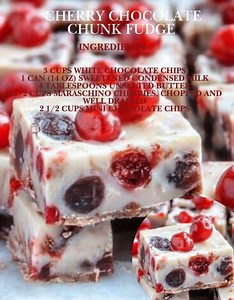 Cherry Chocolate Chunk Fudge Ingredients: 3 cups white chocolate chips 1 can (14 oz) sweetened condensed milk 4 tablespoons unsalted butter 2 1/2 cups maraschino cherries, chopped and well drained 2 1/2 cups mini chocolate chips Directions: Line an 8-inch square baking pan with parchment paper, leaving enough overhang on the sides for easy removal. Set aside. Place a medium saucepan over medium-low heat. Add the white chocolate chips, sweetened condensed milk, and butter to the saucepan. Stir co