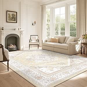BESTSWEETIE 6x9 Area Rugs for Living Room Washable Non Slip Carpet Low Pile Soft Vintage Print Pattern Rug for Bedroom Dining Room Kitchen Entryway Indoor-Cream/Light Yellow/Brown/Blue/Red/Pink