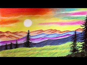 Scenery drawing of Sunset over a mountain with soft pastels in easy step