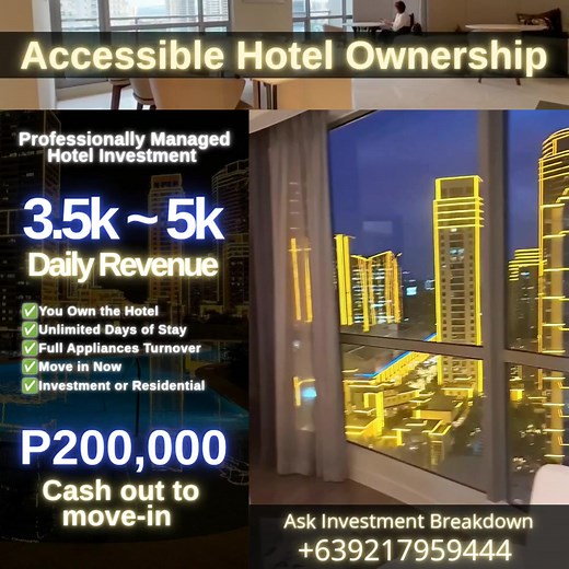 114 reactions · 46 comments | Hotel Room Ownership Made Simple! ✅No Experience Needed - We Handles Everything ✅Ideal For People Looking To Put Their Savings To Something Solid ✅Passive Friendly Investment ✅100% Full Ownership of the Property See Full Investment Breakdown! Send us a message or Call +639217959444 | The Hotel Residences | Facebook