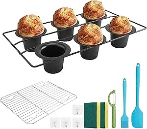 Deep Popover Pans for Baking, Nonstick 6-Cup, Muffin Tins Set Professional Grade Materials, Cupcake Tin Sets of 7 included Spatulas, Peeler, Basting Brush, Baking Rack, Cleaning Pad, Hooks