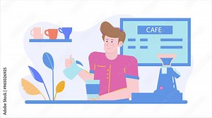 Baristas making coffee in a modern cafe setting illustration business animated video