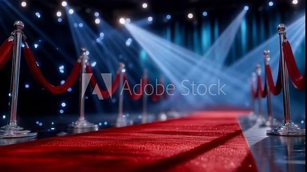 Perspective from the end of red carpet, chrome barriers on each side, moving loop spotlight sweeping across pristine surface