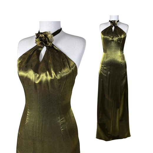 Vintage Metallic Olive Satin Halter Gown – 90s Minimalist Formal Maxi Dress - Etsy Australia