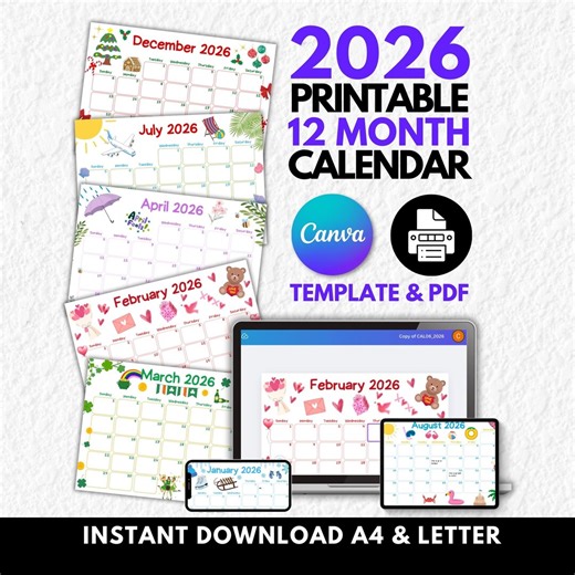 2026 Calendar Printable Monthly Calendars Canva Editable Template Desk Planners 26, Family Wall Monthly Desk Plans Month Digital Download - Etsy