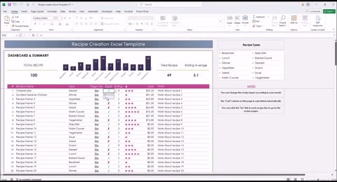Recipe Creator Excel Template: Editable Cookbook (100 Recipes) - Etsy