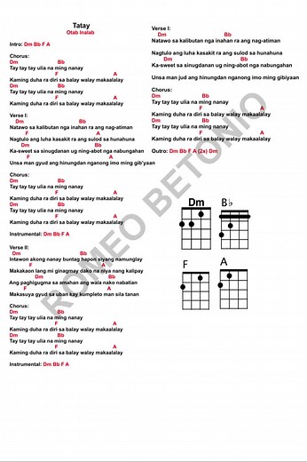 Tatay by Otab Inalab Printable Lyrics with Chords(Ukulele) This is my own interpretation of this song. Feel free to correct any mistakes. All rights belong to the copyright owners. #tatayotabinalabprintablelyricsandchords #printablelyricswithchords #fyp #foryou #foryoupage #fypspotted Please support my tiktok account by sharing and following. Thank you!
