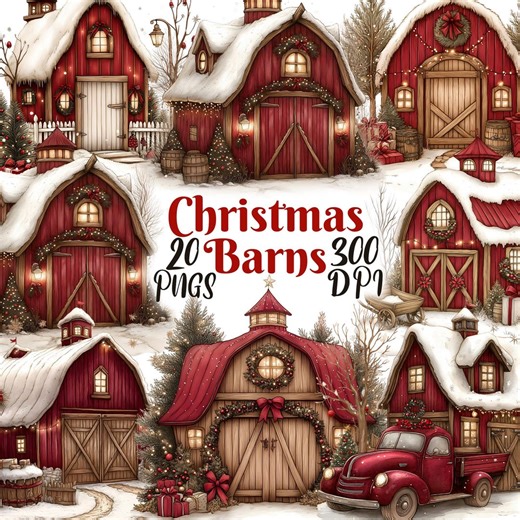 Christmas Red Barn Clipart, Set of 20 PNG Bundle, 300 DPI Clip Art, Watercolor Holiday Digital Graphic, Farm Barnyard Festive Winter Clipart - Etsy
