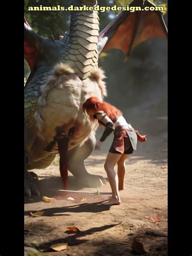 Barefoot redhead Woman slaying Dragon