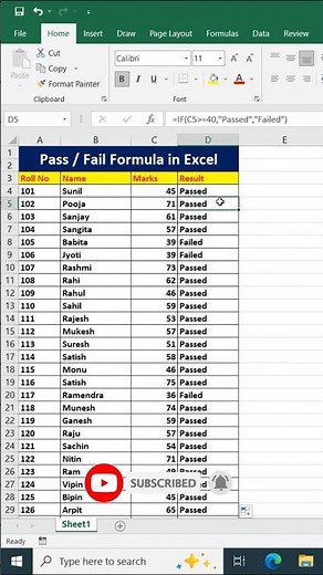 Pass or Fail Formula in Excel #shorts