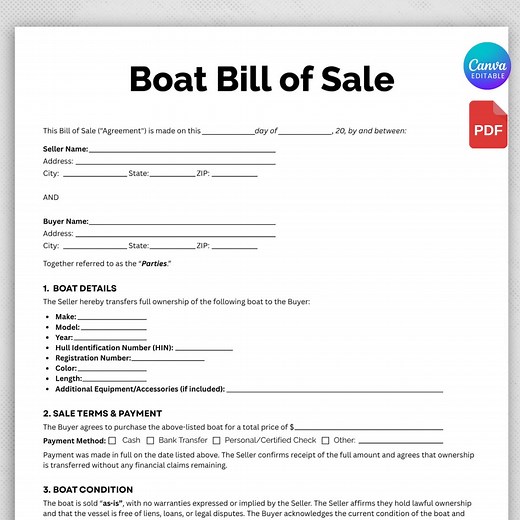 Boat Bill of Sale, Customizable Private Ship Sale Form Template, Printable Bill of Sale Record, Boat Transfer Ownership Form, Canva Template - Etsy
