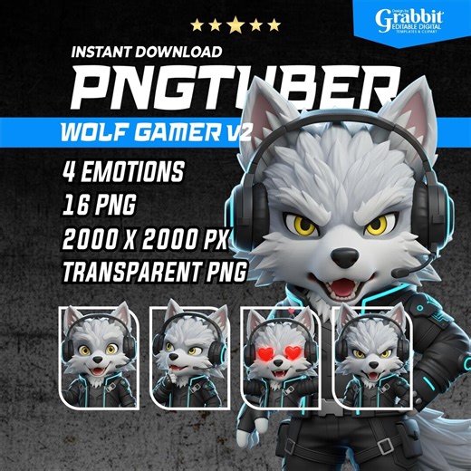Chibi Wolf Gamer V2 Pngtuber Model | 4 Emotions (digital Download) - Wolf Vtuber Model - Etsy