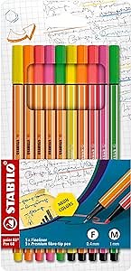 STABILO Premium Felt Tip Pen & Fineliner Pen 68 & point 88 - Wallet of 10 - Assorted Neon Colors