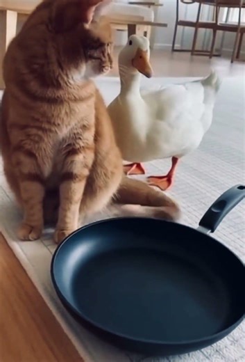 "Duck chose violence.. cat chose cookware."😭🍳 #funnyanimals #animalfight #reelviral #animalcomedy