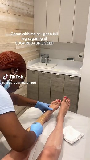 Come with me to get a full leg sugaring hair removal service. 🤍🍋💧only three ingredients Sugar Lemon Water