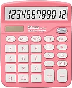 Calculator, 12 Digits Pink Desktop Calculators Large Display LCD&Big Button Dual Solar and Battery Powered Standard Functions Basic Calculator for School Office CF-1453