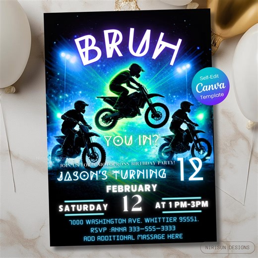 Motocross Birthday Invitation - Neon Dirt Bike Party, Motocross Party Invite for Boys or Tweens, Editable Canva Template, Any Age Invite - Etsy