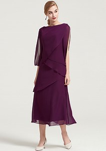 Bateau 3/4 Sleeve Tea-Length A-line/Princess Chiffon Mother of the Bride Dress With Ruffles - Moms Dresses - Stacees