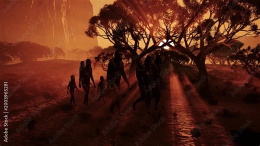 CGI Human Evolution: Primitive Australopithecus Group with Early Tools in Ancient Wilds