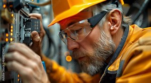 electricity engineer male dangerous working fix service high voltage electrical cabinet. worker repair electric surge problem problem in industry factory.