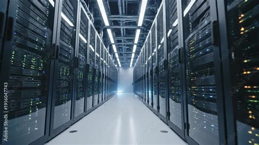 Moving through a modern data center with rows of server racks. High-tech infrastructure for cloud computing and big data storage. Digital technology concept