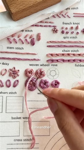 lune and her | Handcrafted Embroidery on Instagram: "How to do a woven rose (5 spokes) ✨ — Learn basic embroidery stitches 12/20 (Part 2/3). 💡 You can use a normal straight needle as usual. A curved needle is only needed when working on crowded rose patterns. Pattern available on my Etsy (https://luneandher.etsy.com) 🎀 #handembroidery #embroiderytutorial"