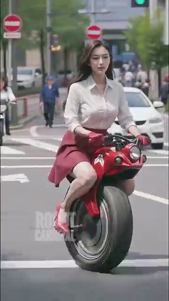 #tokyo Streets: Woman in Red Rides Futuristic One-Wheel #motorcycle #robot #fantasy #cyberpunk