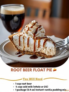 Root 💡 Beer Float Pie 🥧 Indulge in the nostalgic flavors of a classic root beer float with this delightful Root Beer Float Pie. Made with creamy vanilla pudding infused with the essence of root beer and topped with fluffy Cool Whip, this frozen treat is sure to be a hit at any gathering. Ingredients: - ¾ cup root beer - ½ cup milk ..... Full Recipe in Coʍmеոτ 💬 🌾 | Grandma's Recipes