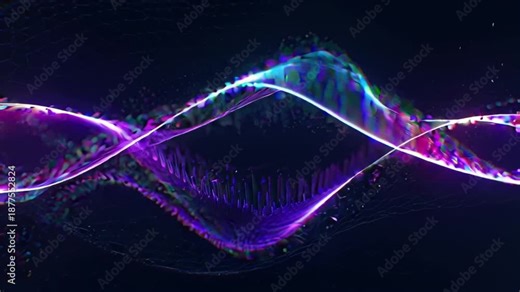 3D abstract liquid audio waveform animation, morphing plasma energy, glowing neon colors shifting with sound frequencies, low mid high visualized, floating dark minimalistic studio particle effects