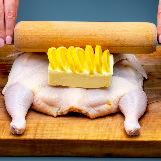 An Italian family taught me. I don't cook chicken any other way! Ingredients: an entire chicken: 1 pc soft butter: 200 g (7.1 oz) garlic: 50 g (1.8 oz) lemon: 1 pc lemon: 50 g (1.8 oz) soft butter: 30 g (1.1 oz) vegetable oil: 50 ml (1.7 fl oz) garlic: 10 g (0.4 oz) ketchup: 40 g (1.4 oz) olive oil: 40 ml (1.4 fl oz) soy sauce: 50 ml (1.7 fl oz) honey: 50 g (1.8 oz) lemon juice: 50 ml (1.7 fl oz) salt: 8 g (0.3 oz) sweet paprika: 5 g (0.2 oz) black pepper: 5 g (0.2 oz) onion: 2 pc red bell peppe