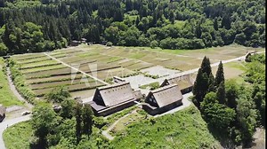 Gassho-zukuri houses in Gokayama Village. UNESCO World Heritage List due to its traditional Gassho-zukuri houses, alongside nearby Shirakawa-go in Gifu Prefecture. (aerial photography)