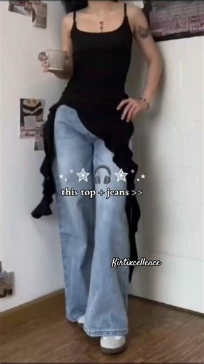 Mesh ruffle top with baggy jeans🩵🌷#shortsfeed #ruffletrends #baggyjeans #jellyfish #summer #viral