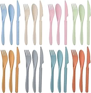 Knives Spoons and Forks Set, Wheat Straw Cutlery Set, Reusable Flatware Set for 8, Utensils for Party, Travel, Work, Picnic, Camping or Daily Use