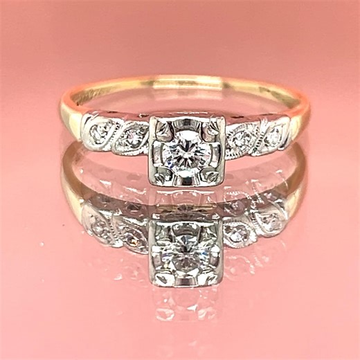 Vintage 14k Two Tone 0.15ct Diamond Engagement Ring, Circa 1950