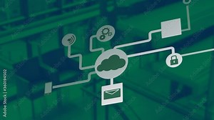 Animation of a growing network of connected technology media icons and nodes in grey moving Stock Video