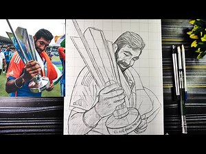 Jasprit Bumrah drawing with T20 Champions 🏆🇮🇳, How to draw Jasprit Bumrah, Outline tutorial