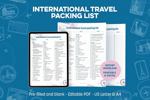International Travel Packing Checklist PDF – Printable Vacation Planner, Trip Itinerary, Travel Essentials List, Carry-on & Luggage Guide - Etsy
