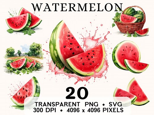 Watermelon Clipart, Fruit Watercolor Watermelon Basket Clip Art, Food Sticker Mug and Shirt Design, Digital Download, Printable PNG & SVG - Etsy