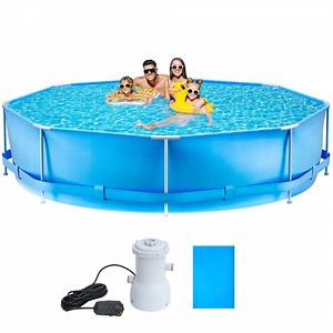 10FT Circular Swimming Pool with Filter Pump Metal Frame Above Ground Swimming Pool for Family Outdoor Backyard Blue 10ftX2.5ft