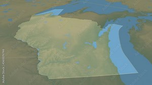 Wisconsin, state with its capital, zoomed and extruded on the relief map of United States in the conformal Stereographic projection. Animation 3D