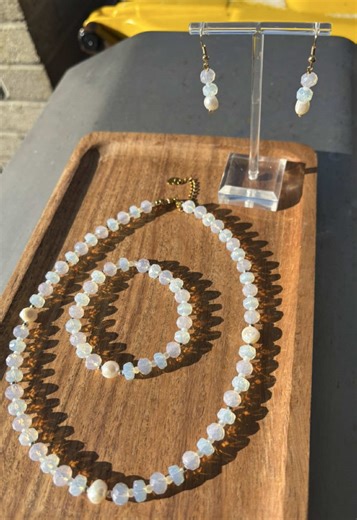 OBSESSED ✨ This turned out even better than I imagined. Pink opal crystal, opalite, and pearl nuggets 💕 Necklace, bracelet & earrings — easily my favorite set yet. #beadtok #jewelry #handmade #pearl #beadedjewelry