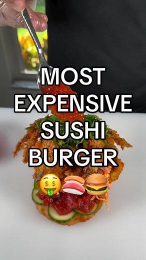 🤑💰MOST EXPENSIVE SUSHI BURGER 🍣🍔 This is the MOST EXPENSIVE SUSHI BURGER we’ve ever made 🤯 to show you we’ll keep piling on the proteins until you say stop! 🙌🏼We loaded up this Sushi Burger with delicious spicy tuna, spicy kani mix, slices of salmon, eel, crunchy fried shrimp, soft shell crab, avocado, cucumber, seaweed salad and bursting salmon roe 🤤Would you take a bite?! How much do you think this loaded Sushi Burger costs?! 🤔💰💸 #mostexpensive #sushiburger #sushi #burger