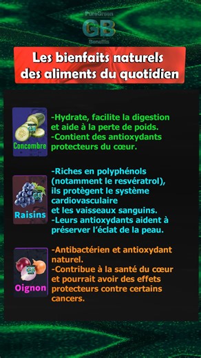 Les bienfaits naturels des aliments du quotidien 🌿 Certains aliments simples que nous consommons chaque jour sont de véritables alliés pour notre santé. Riches en vitamines, fibres et antioxydants, ils soutiennent le bon fonctionnement du corps et préviennent de nombreuses maladies. 🍋 CITRON -Antioxydant naturel, riche en vitamine C. -Soutient la fonction hépatique (foie) et contribue à la santé rénale et cardiovasculaire. 🥑 AVOCAT -Aide à réguler le taux de sucre, réduit le mauvais cholestér