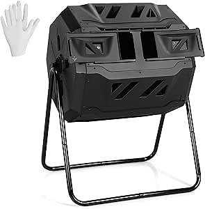 Goplus Compost Bin, 43 Gallon Rotating Composter, Outdoor Dual Chamber Tumbling Compost Barrel with Sliding Door, Gloves, Compost Tumbler for Outdoor, Garden, Yard (Black)