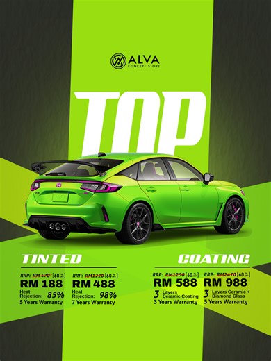 Special Offer — Limited Time Only Enjoy These Exclusive Benefits: • Free Old Tint Removal • Lifetime Car Wash – No Additional Charges • Money-Back Guarantee • One-to-One Exchange, No Questions Asked Tinting Packages: RM188 Full Car Tinting – 85% Heat Rejection | 99% UV Protection – 5-Year Warranty RM488 Premium Tinting – 98% Heat Rejection | 99% UV Protection – 7-Year Warranty Coating Packages: RM588 Ceramic Coating – 3 Layers of 9H Ceramic Protection – Includes Premium Wash & Polish – Windscree