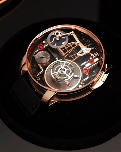 JACOB & CO. on Instagram: "A showcase of horological storytelling at its most advanced. The 43 mm Oil Pump features caliber JCAM53, one of the rarest automaton movements ever created for a wristwatch. Developed from scratch, its verticalized architecture animates twin horse-head derricks at the push of a button, while a flying tourbillon hovers above the dial. Crafted in solid rose gold and hand-finished to extreme detail, Oil Pump embodies Jacob & Co.’s unique ability to merge high watchmaking 