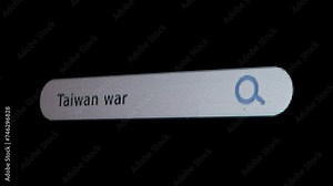 Shot of monitor screen. Pixel screen with animated search bar, keywords Taiwan war typed in, browser bar with magnifying glass text headline.