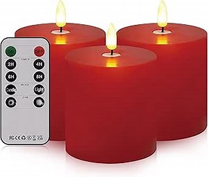 Bilymate Red Wax Flameless LED Candles with Remote Control, Battery Operated Pillar Candles 3x3inch, Real Wax, Safe for Home/Party/Christmas Decoration, Set of 3